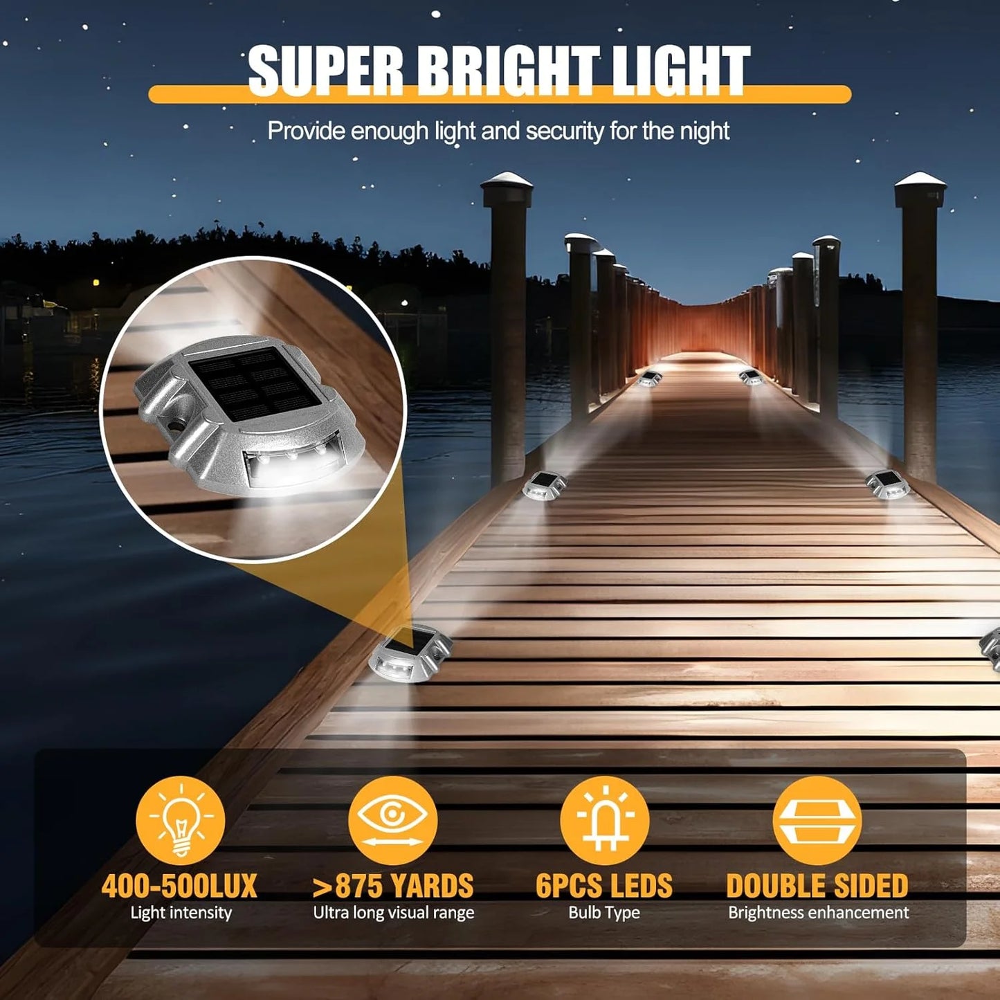 Solar Deck Lights Driveway Dock Lights, 2-Pack Led IP67 Waterproof Outdoor Warning Step Lights for Driveway Sidewalk Garden Path