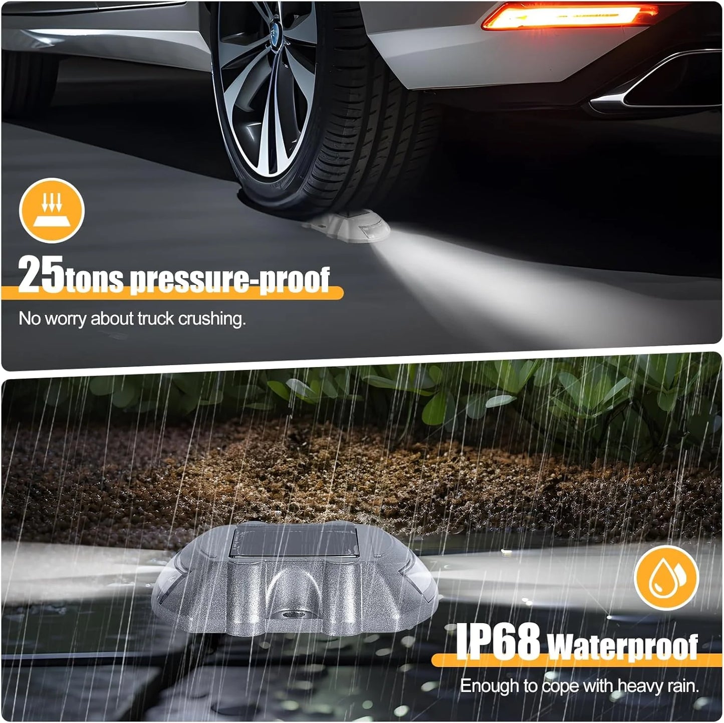Solar Deck Lights Driveway Dock Lights, 2-Pack Led IP67 Waterproof Outdoor Warning Step Lights for Driveway Sidewalk Garden Path