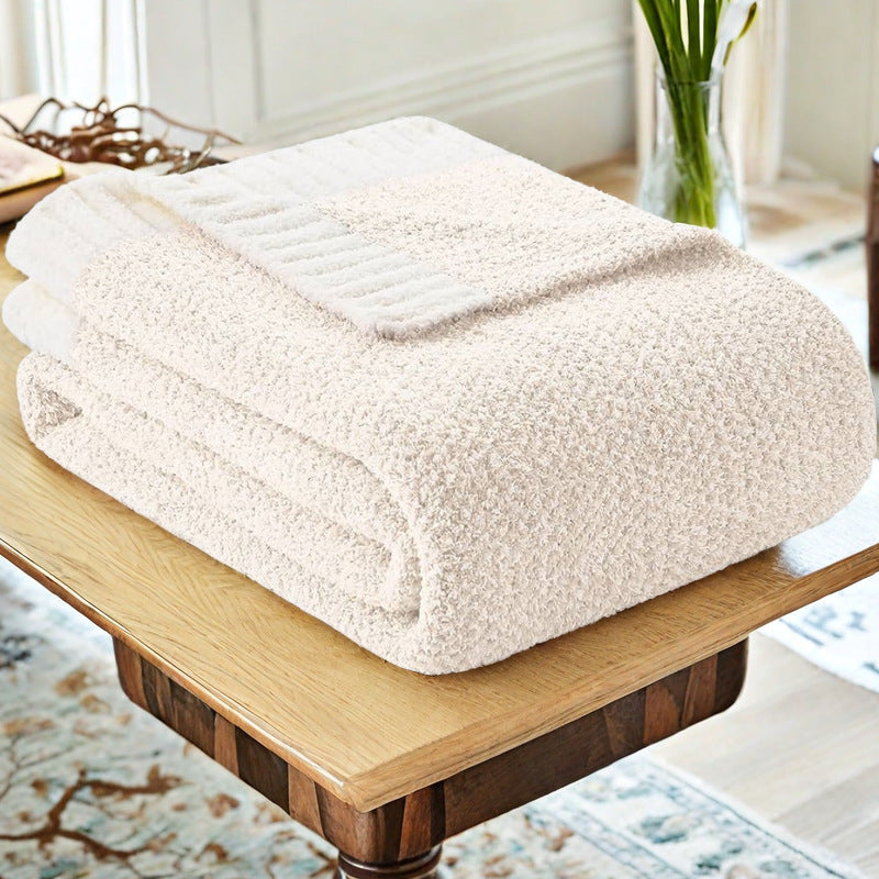 Beige and White Knit Throw Blanket
