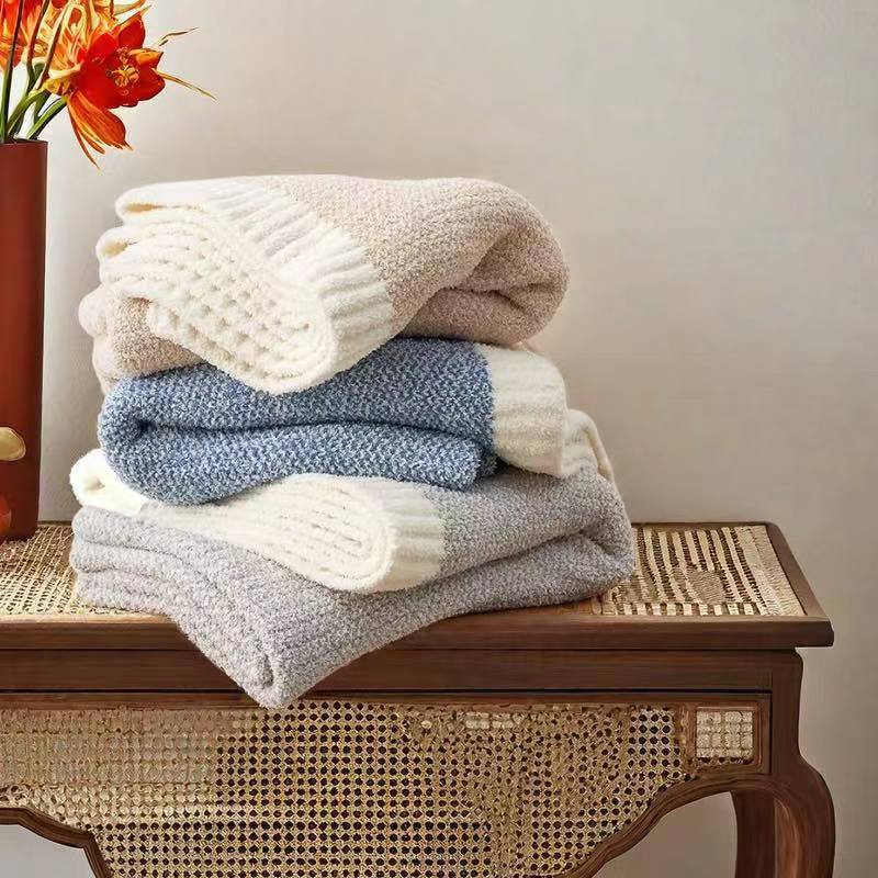 Beige and White Knit Throw Blanket