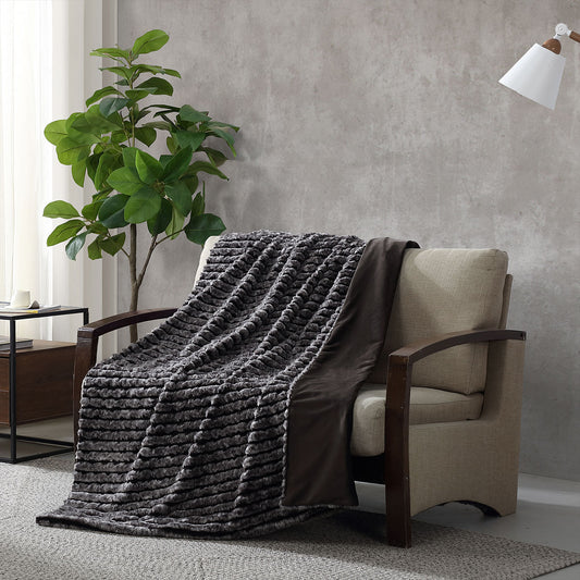 Ash Striped Faux Fur Soft Plush Throw Rug