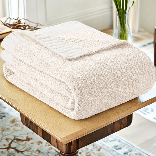 Beige and White Knit Throw Blanket