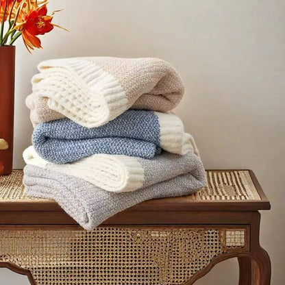 Beige and White Knit Throw Blanket